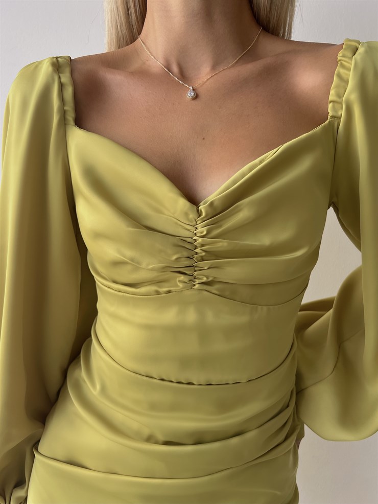 Saten Uzun Balon Kol Drapeli Etek Kısmı Kruvaze Valente Kadın Zeytin Yeşili Elbise 22Y000494