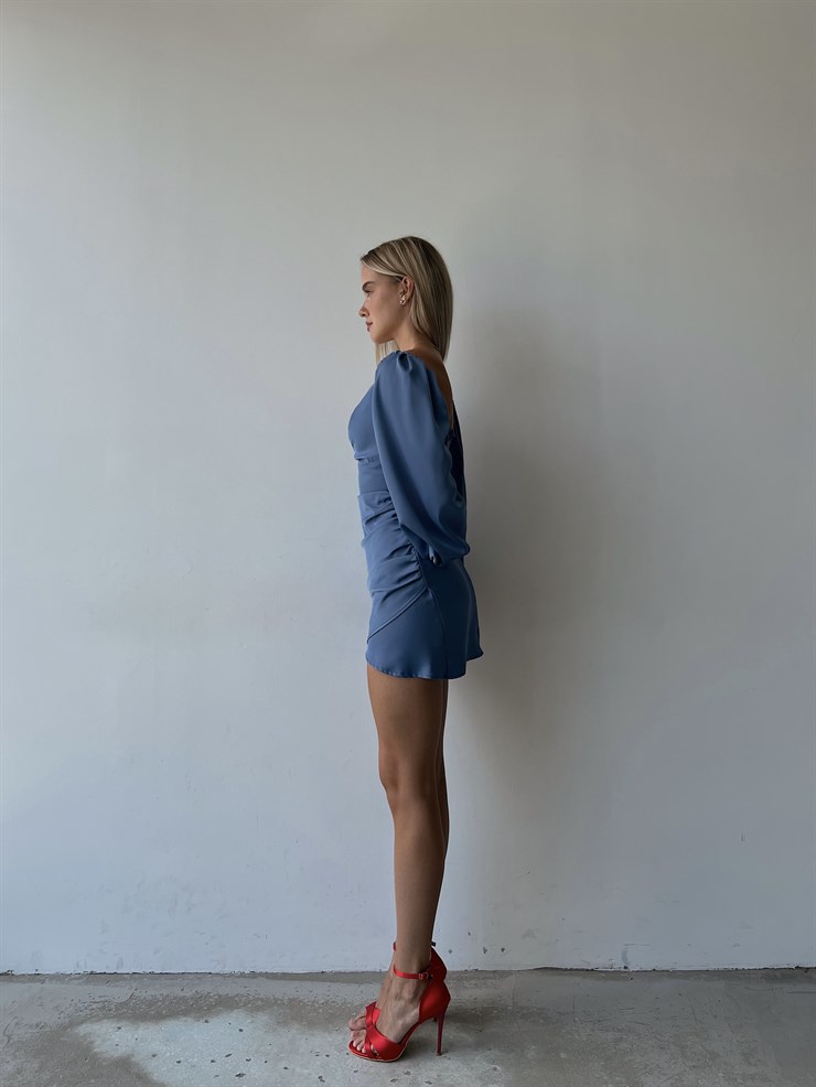 Saten Uzun Balon Kol Drapeli Etek Kısmı Kruvaze Valente Kadın İndigo Elbise 22Y000494