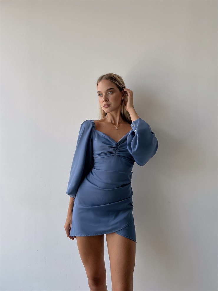 Saten Uzun Balon Kol Drapeli Etek Kısmı Kruvaze Valente Kadın İndigo Elbise 22Y000494