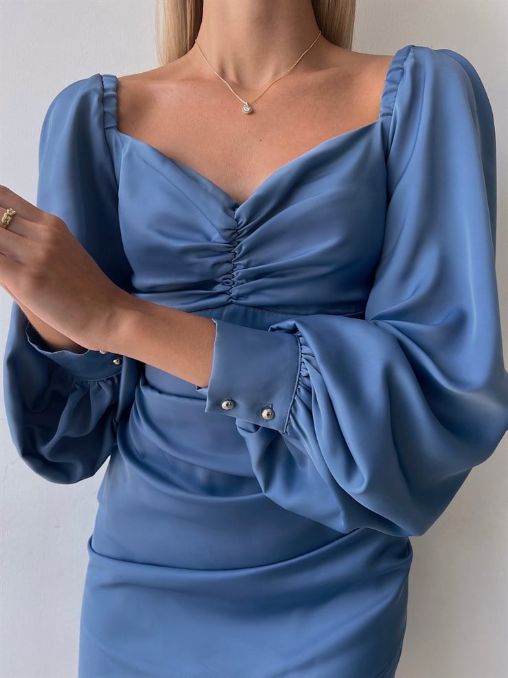 Saten Uzun Balon Kol Drapeli Etek Kısmı Kruvaze Valente Kadın İndigo Elbise 22Y000494