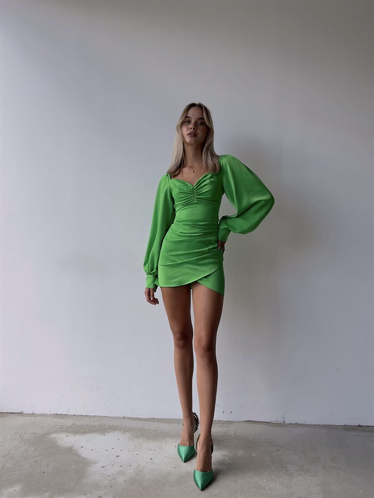 Saten Uzun Balon Kol Drapeli Etek Kısmı Kruvaze Valente Kadın Neon Elbise 22Y000494