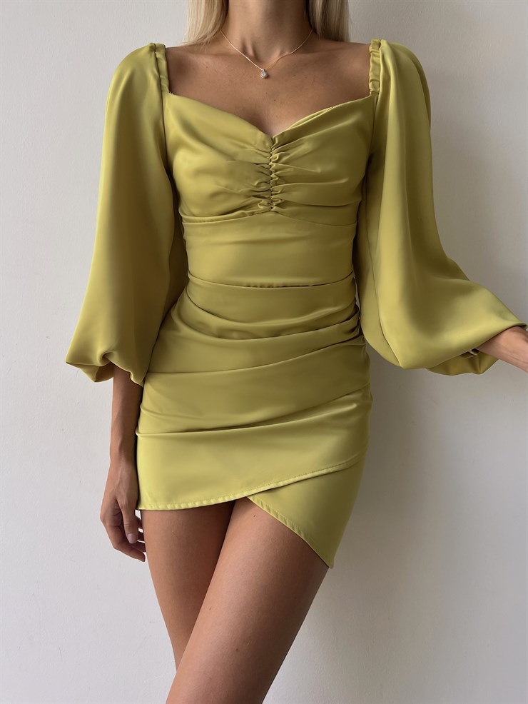 Saten Uzun Balon Kol Drapeli Etek Kısmı Kruvaze Valente Kadın Zeytin Yeşili Elbise 22Y000494