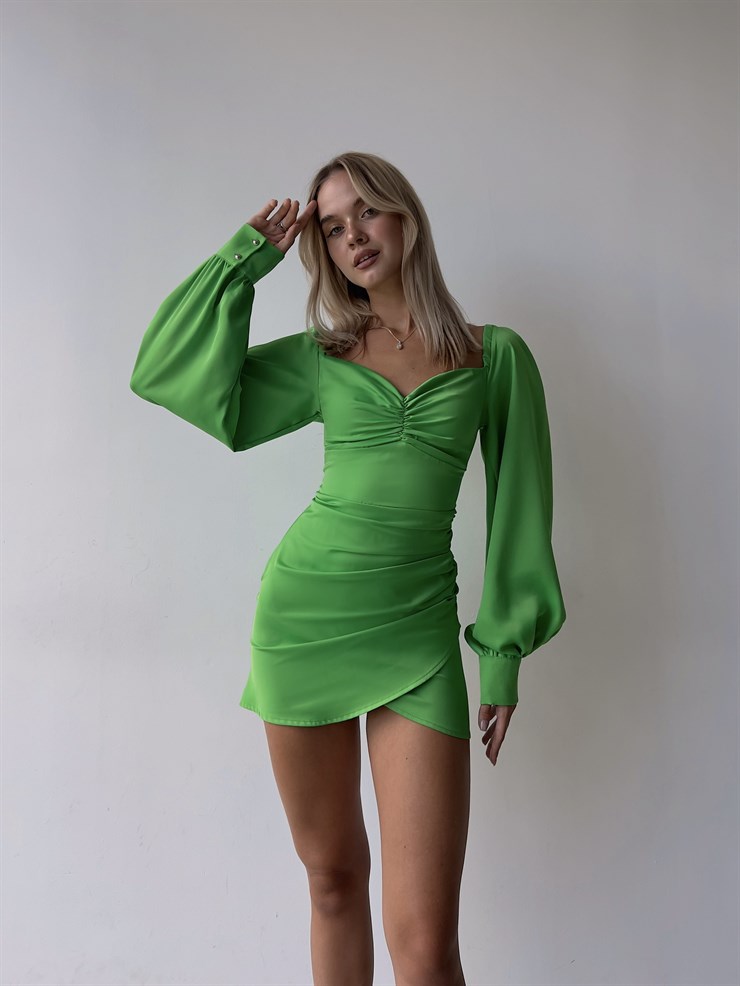 Saten Uzun Balon Kol Drapeli Etek Kısmı Kruvaze Valente Kadın Neon Elbise 22Y000494