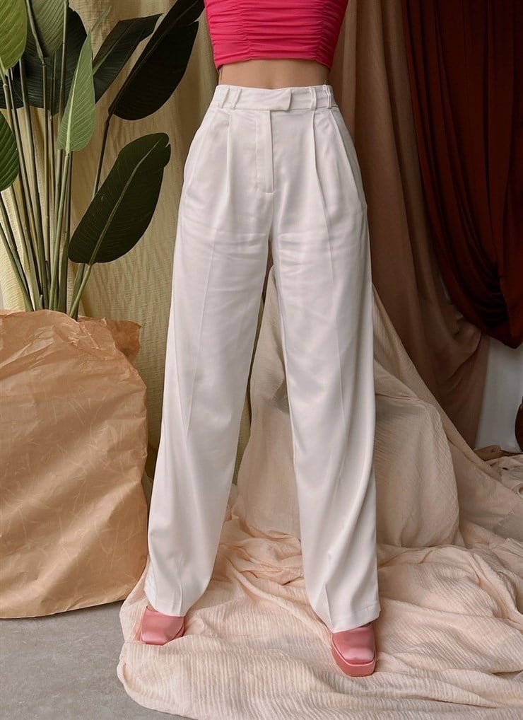 Saten Yüksek Bel Kadın Beyaz Palazzo Pantolon 22Y000007