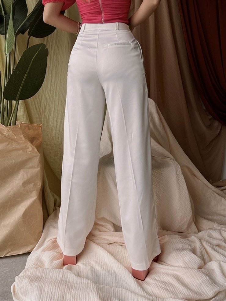 Saten Yüksek Bel Kadın Beyaz Palazzo Pantolon 22Y000007