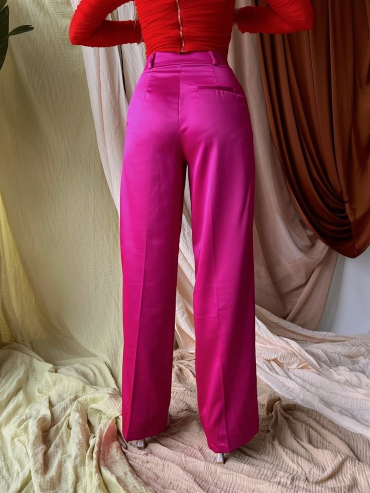Saten Yüksek Bel Kadın Fuşya Palazzo Pantolon 22Y000007