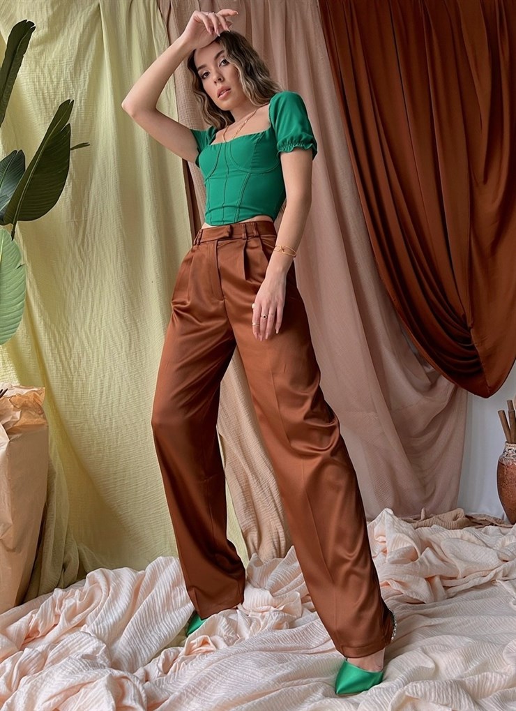 Saten Yüksek Bel Kadın Kahverengi Palazzo Pantolon 22Y000007