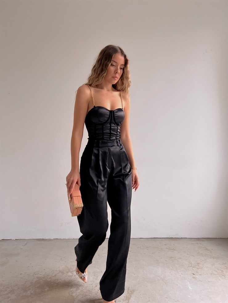 Saten Yüksek Bel Kadın Siayah Palazzo Pantolon 22Y000007