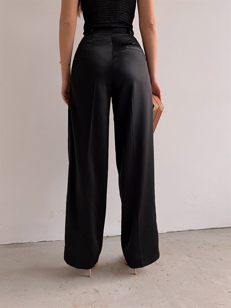 Saten Yüksek Bel Kadın Siayah Palazzo Pantolon 22Y000007