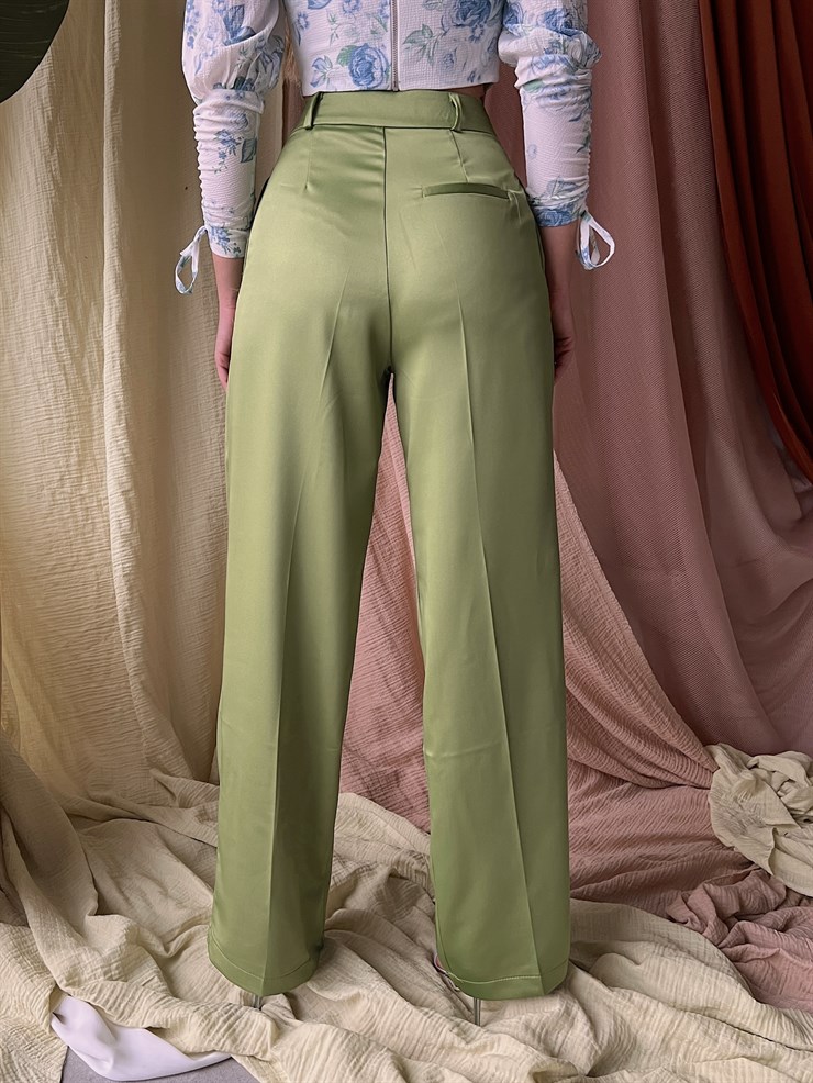 Saten Yüksek Bel Kadın Yeşil Palazzo Pantolon 22Y000007