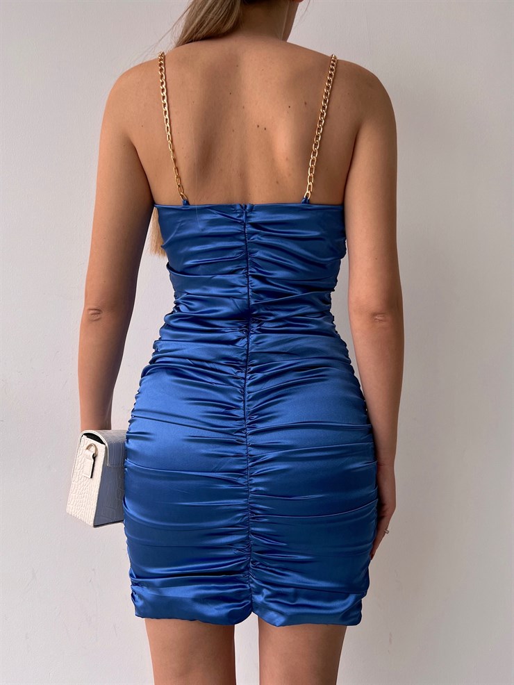 Saten Zincir Askılı Göğüs Kuplu Kadın Saks Mini Elbise 22K000607