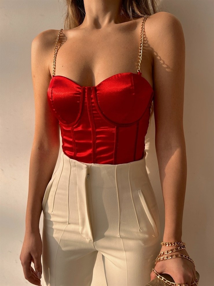 Saten Zincir Askılı Korse Kadın Kırmızı Bluz 22K000526