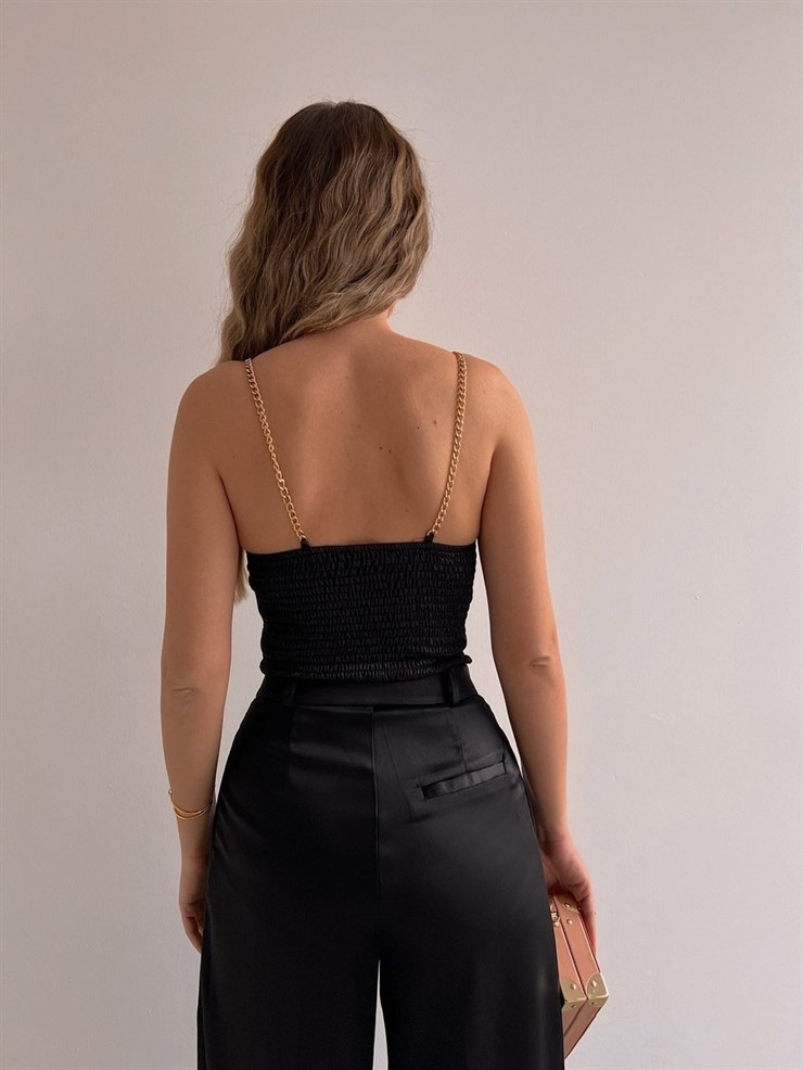 Saten Zincir Askılı Korse Kadın Siyah Bluz 22K000526
