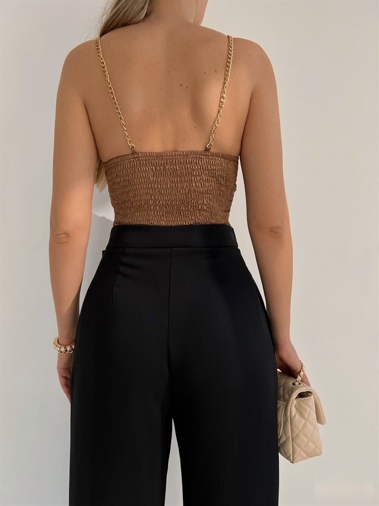 Saten Zincir Askılı Korse Kadın Vizon Bluz 22K000526