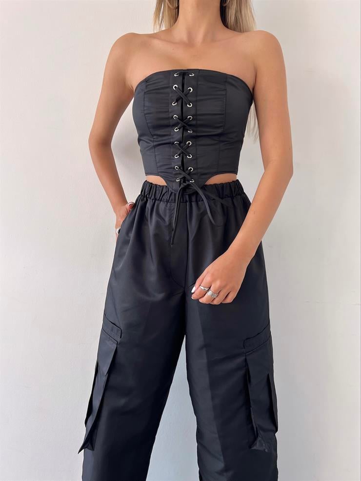 Straplez Korse Detay Crop Beli Lastikli Paçası Bağlama Detaylı Bol Pantolon Satin Kadın Siyah Büstiyer Takım 23Y000224