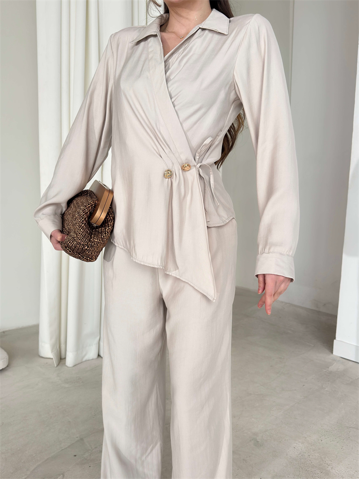 Kruvaze Yaka İp Bağlamalı Aksesuarlı Savle Bej Kadın İkili Takım 26Y102