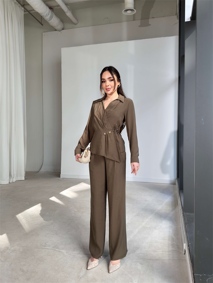 Kruvaze Yaka İp Bağlamalı Aksesuarlı Savle Haki Kadın İkili Takım 26Y102