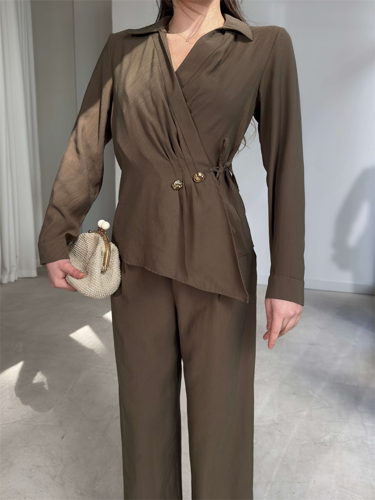 Kruvaze Yaka İp Bağlamalı Aksesuarlı Savle Haki Kadın İkili Takım 26Y102