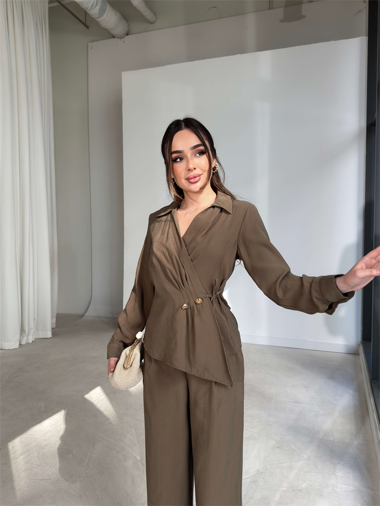 Kruvaze Yaka İp Bağlamalı Aksesuarlı Savle Haki Kadın İkili Takım 26Y102