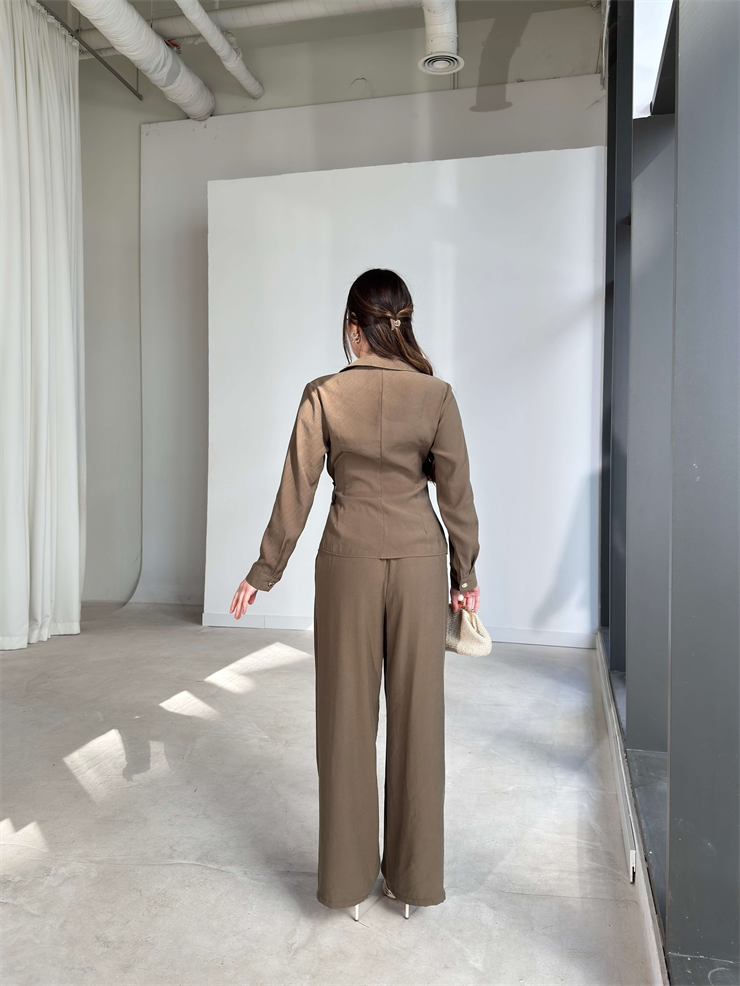 Kruvaze Yaka İp Bağlamalı Aksesuarlı Savle Haki Kadın İkili Takım 26Y102