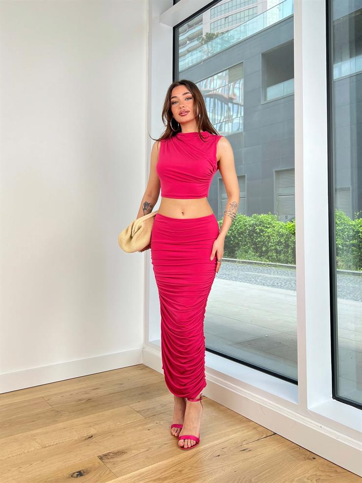 Kolsuz Yarım Boğazlı Crop Streç Etek Sawa Kadın Fuşya Drapeli İkili Takım 24Y455