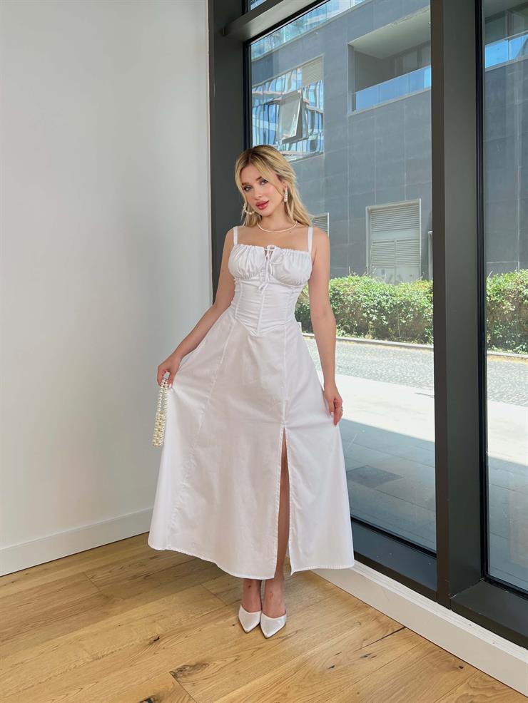 Askılı Göğüs Büzgülü Belden Oturtmalı Sayden Beyaz Kadın Elbise 25Y528