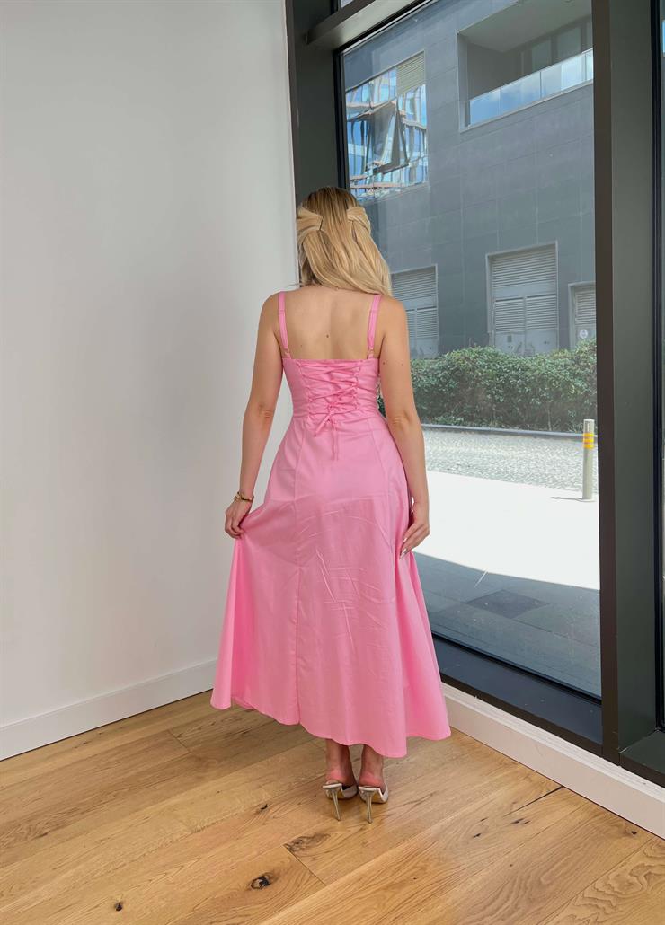 Askılı Göğüs Büzgülü Belden Oturtmalı Sayden Pembe Kadın Elbise 25Y528