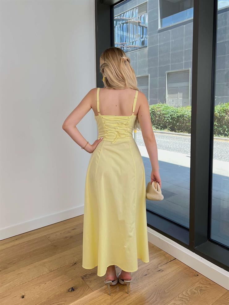 Askılı Göğüs Büzgülü Belden Oturtmalı Sayden Sarı Kadın Elbise 25Y528