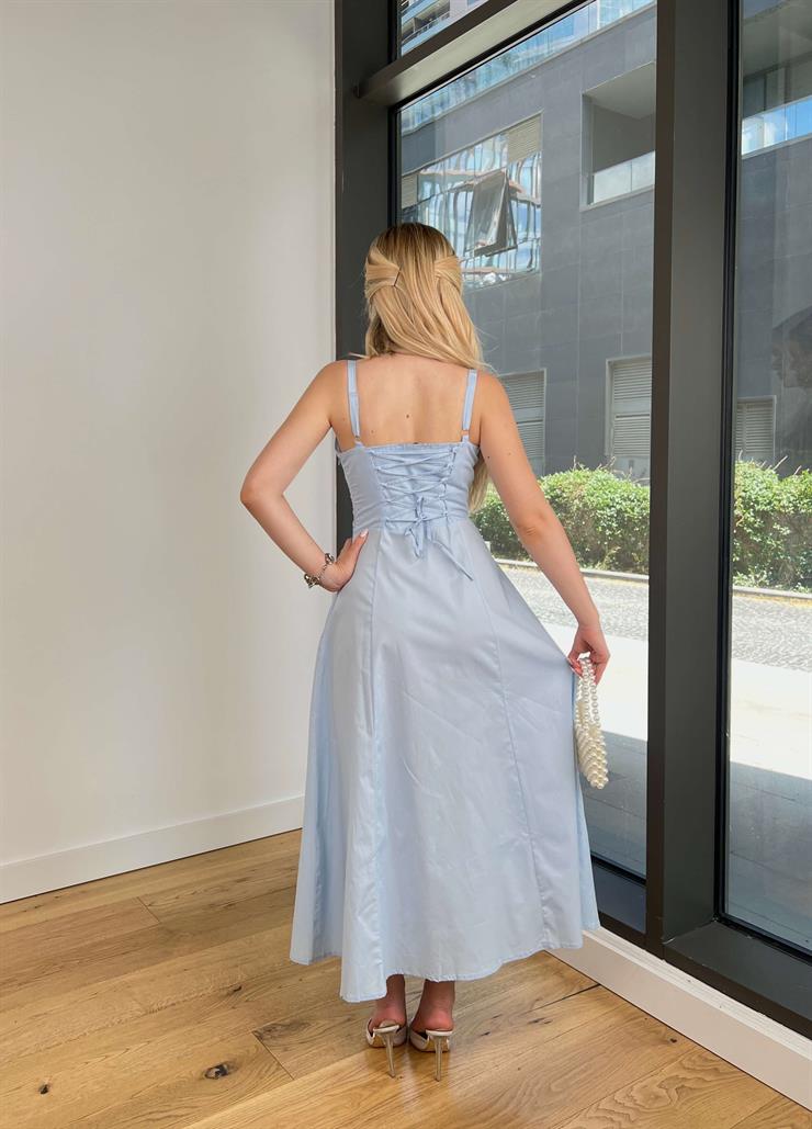 Askılı Göğüs Büzgülü Belden Oturtmalı Sayden Mavi Kadın Elbise 25Y528