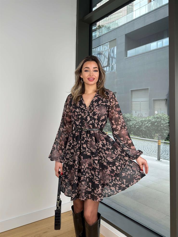 Kruvaze Yaka Beli Kemerli Sayt Siyah Kadın Çiçekli Mini Elbise 25Y109