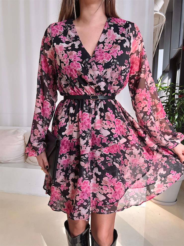 Kruvaze Yaka Beli Kemerli Sayt Pembe Kadın Çiçekli Mini Elbise 25Y109