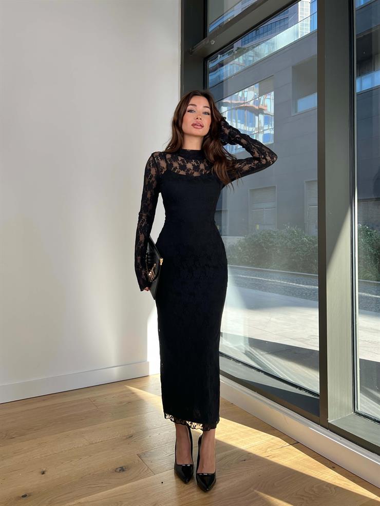 Yarım Boğazlı Dantel Scott Kadın Siyah Elbise 24Y060