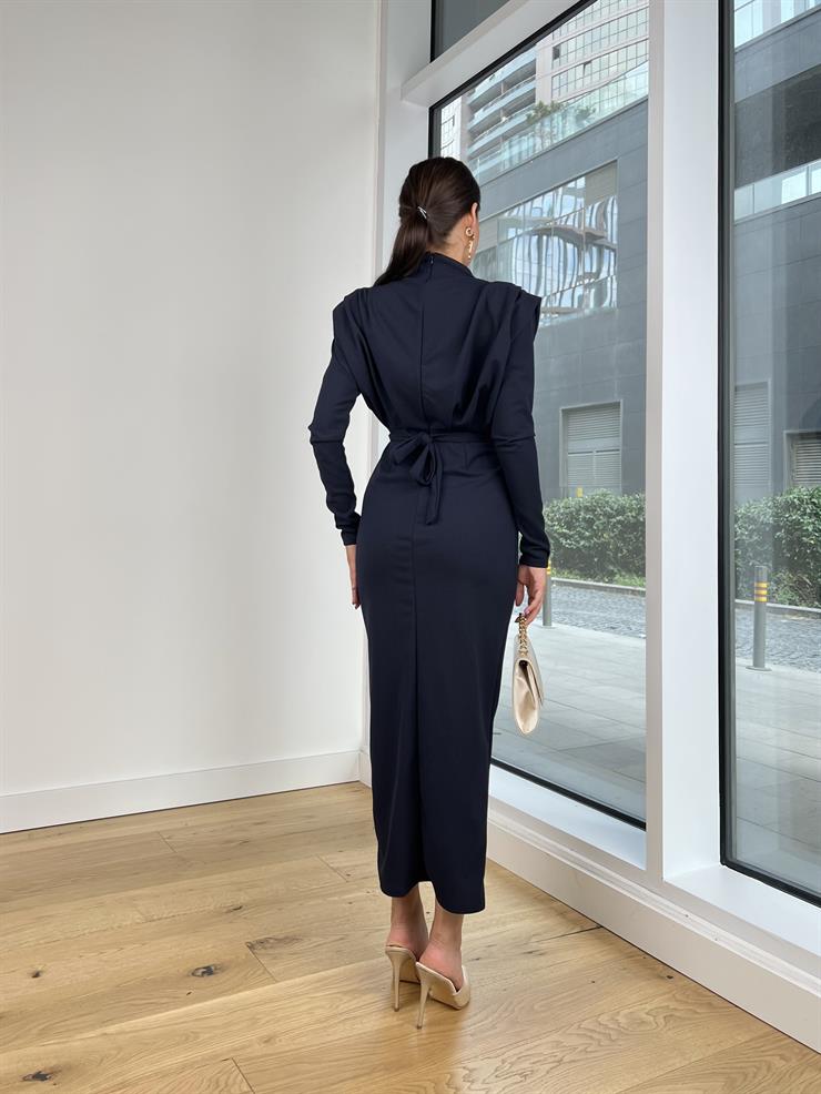 Omuz Vatkalı Beli Kemerli Sean Kadın Lacivert Elbise 25K121