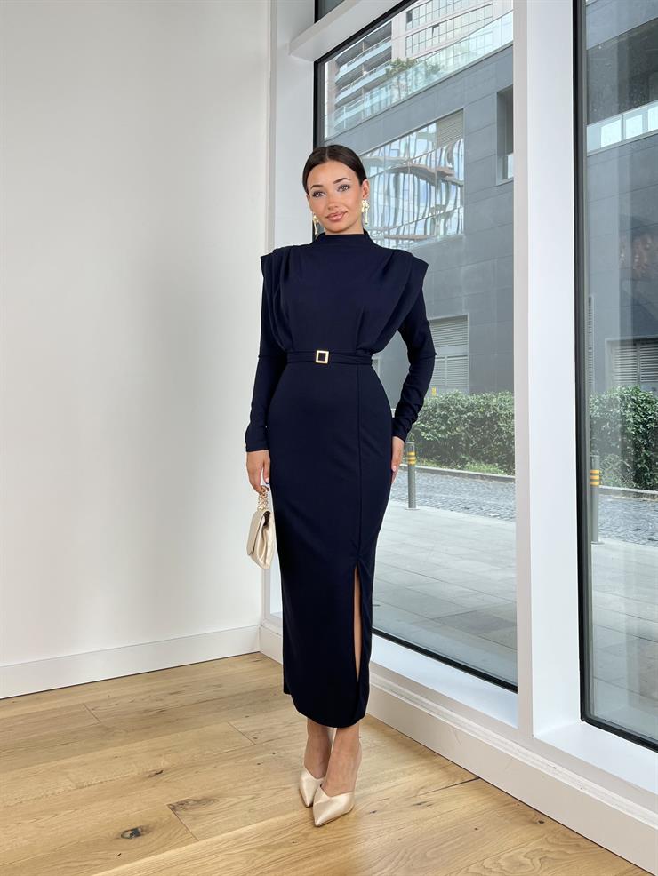 Omuz Vatkalı Beli Kemerli Sean Kadın Lacivert Elbise 25K121