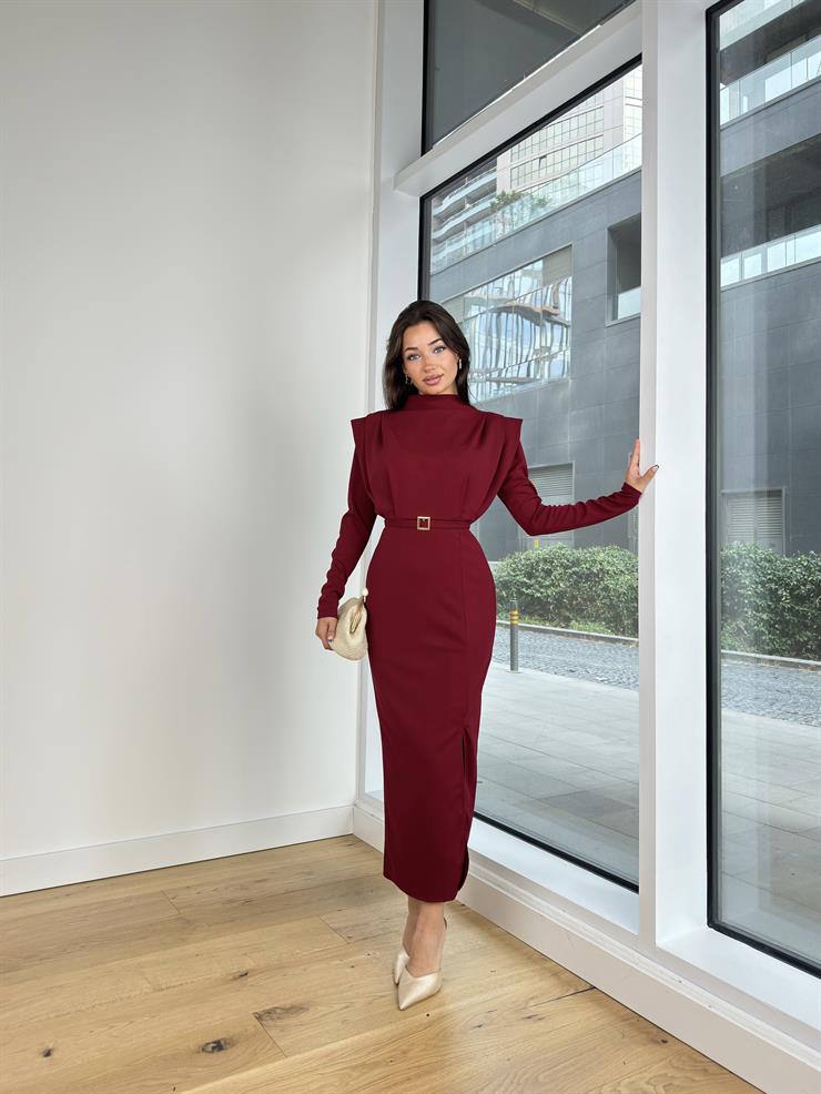 Omuz Vatkalı Beli Kemerli Sean Kadın Bordo Elbise 25K121