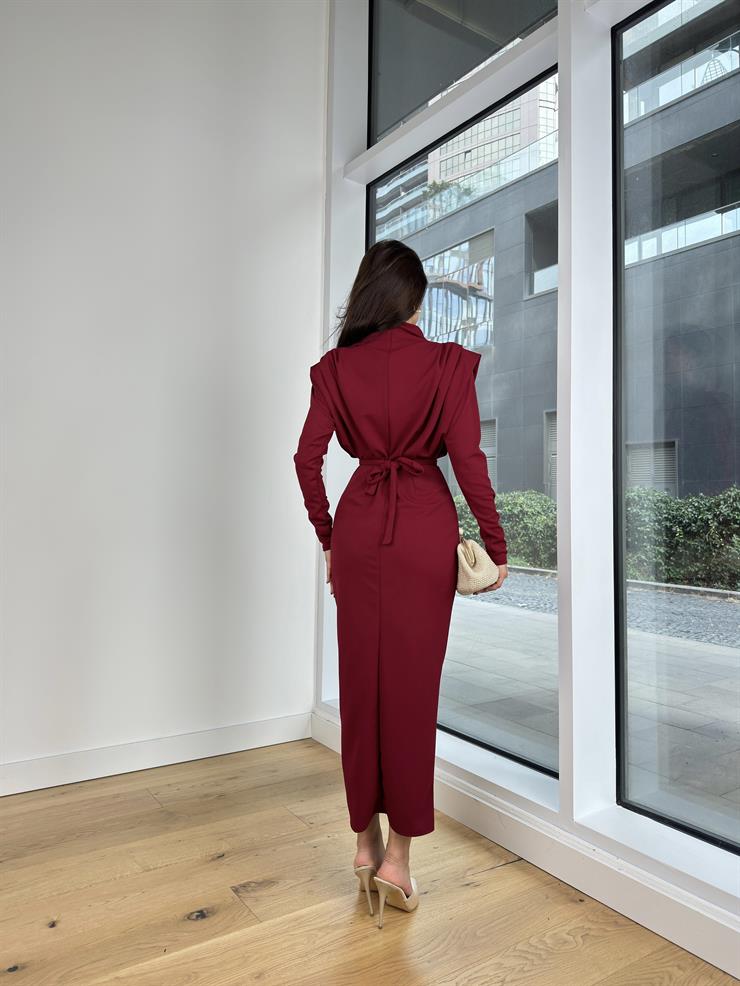 Omuz Vatkalı Beli Kemerli Sean Kadın Bordo Elbise 25K121