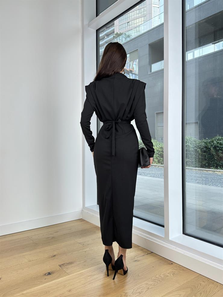 Omuz Vatkalı Beli Kemerli Sean Kadın Siyah Elbise 25K121