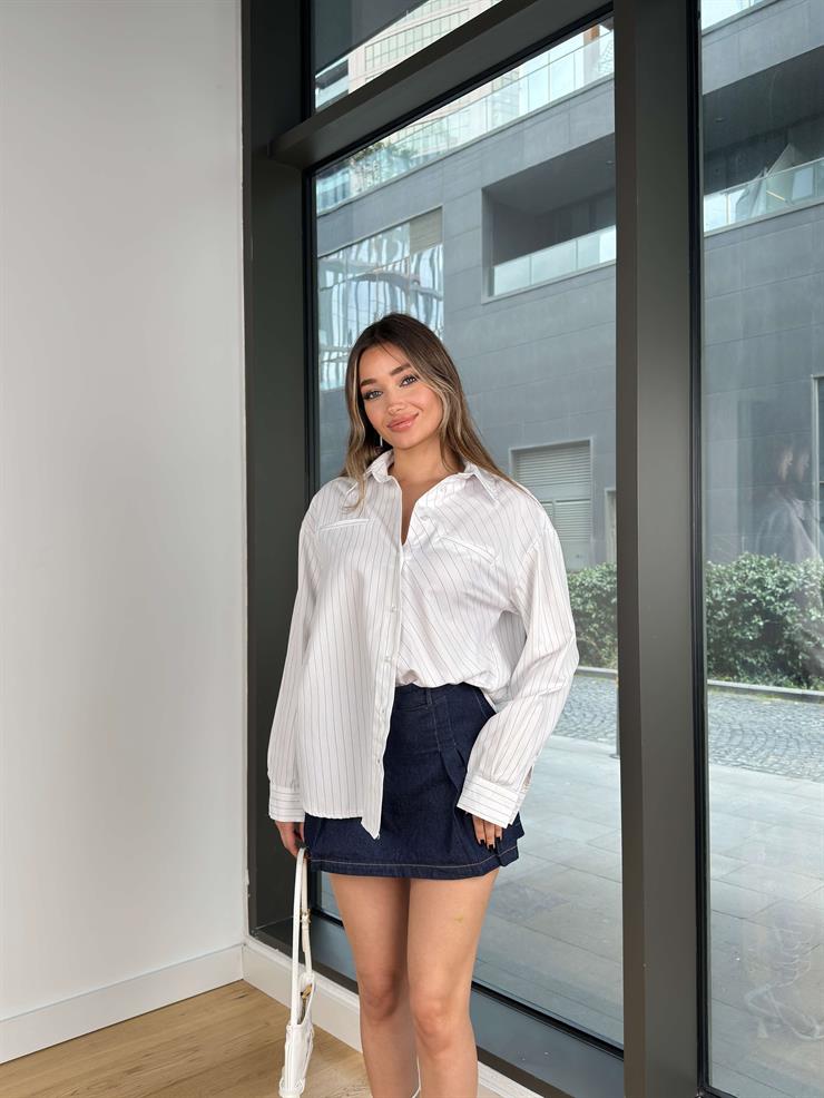 Çizgili Segura Beyaz Kadın Gömlek 25Y061