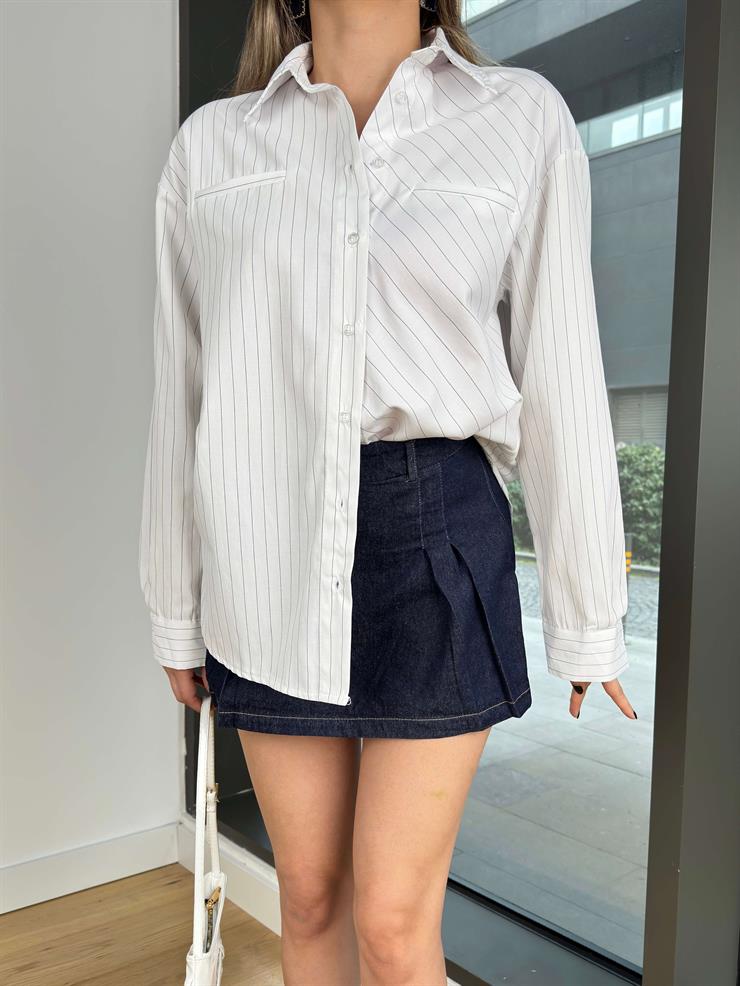 Çizgili Segura Beyaz Kadın Gömlek 25Y061