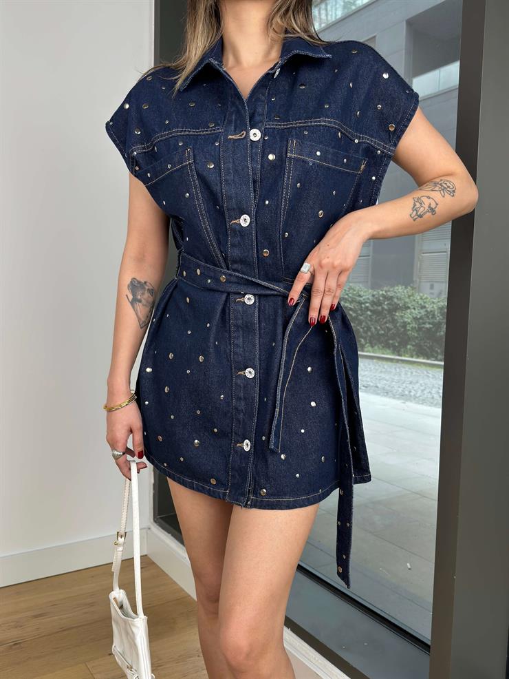 Kolsuz Önü Düğmeli Belden Kuşaklı Segure Mavi Kadın Mini Kot Elbise 25Y025