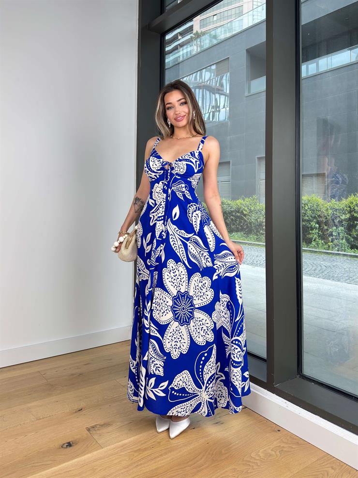 Askılı Önden Büzgülü Şehp Desenli Saks Kadın Elbise 25Y278