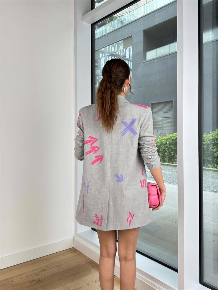 Omuz Vatkalı Cep Görünümlü Desennli Sekani Kadın Gri Blazer Ceket 24Y487