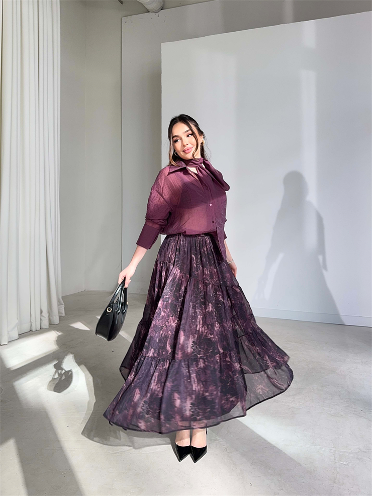 Desenli Pileli Selnev Mor Kadın Etek 26Y076