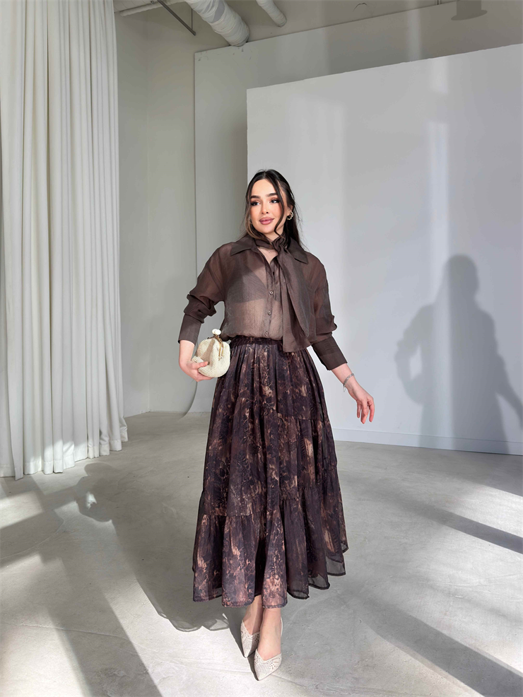 Desenli Pileli Selnev Kahve Kadın Etek 26Y076