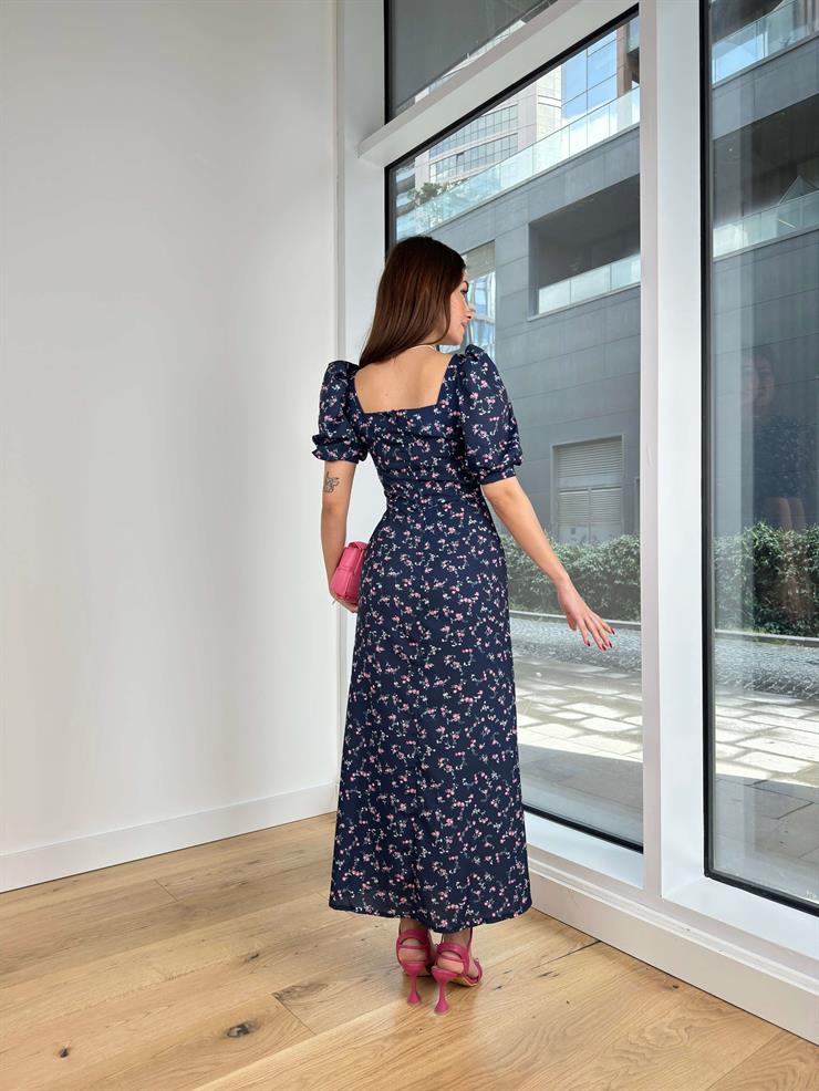 Kısa Balon Kol Kare Yaka Senatti Kadın Çiçekli Lacivert elbise 24Y193