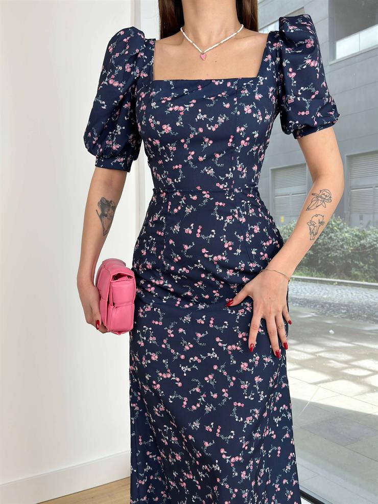 Kısa Balon Kol Kare Yaka Senatti Kadın Çiçekli Lacivert elbise 24Y193