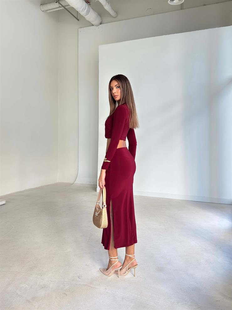 Aksesuarlı Eteği Yırtmaçlı Sendi Bordo Kadın İkili Takım 26K117