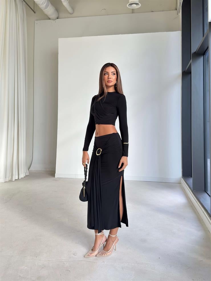 Aksesuarlı Eteği Yırtmaçlı Sendi Siyah Kadın İkili Takım 26K117