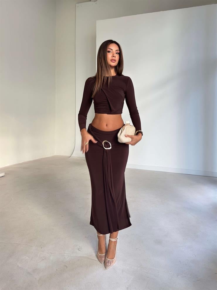 Aksesuarlı Eteği Yırtmaçlı Sendi Kahve Kadın İkili Takım 26K117