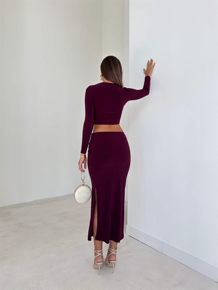 Aksesuarlı Eteği Yırtmaçlı Sendi Mürdüm Kadın İkili Takım 26K117